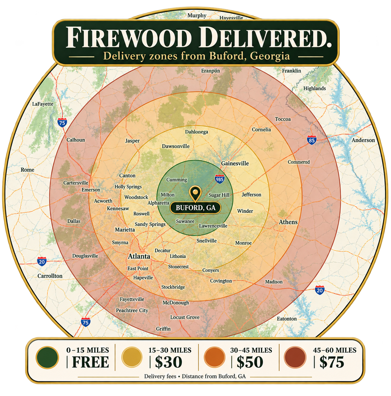 Delivery zone map from Buford, GA: free within 15 miles, $30 for 15 to 30, $50 for 30 to 45, $75 for 45 to 60 miles